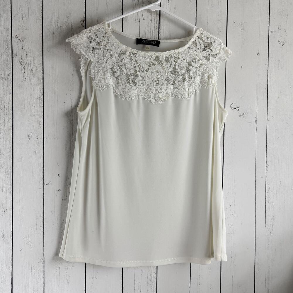 Kasper Lace Blouse Large Ivory Sleeveless Sheer Yoke Minimalist
